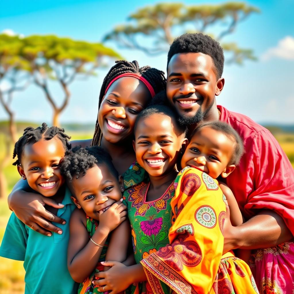 A joyful African family portrait featuring young members, capturing the essence of family bonds and happiness