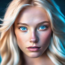 A high-resolution digital art image features a blonde Instagram model with striking blue eyes