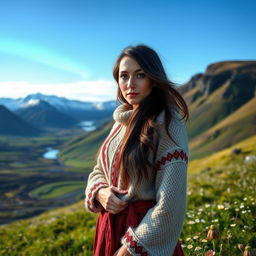 A 30-year-old Icelandic woman standing gracefully on a picturesque Icelandic landscape, wearing traditional Icelandic woolen attire