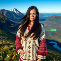 A 30-year-old Icelandic woman standing gracefully on a picturesque Icelandic landscape, wearing traditional Icelandic woolen attire