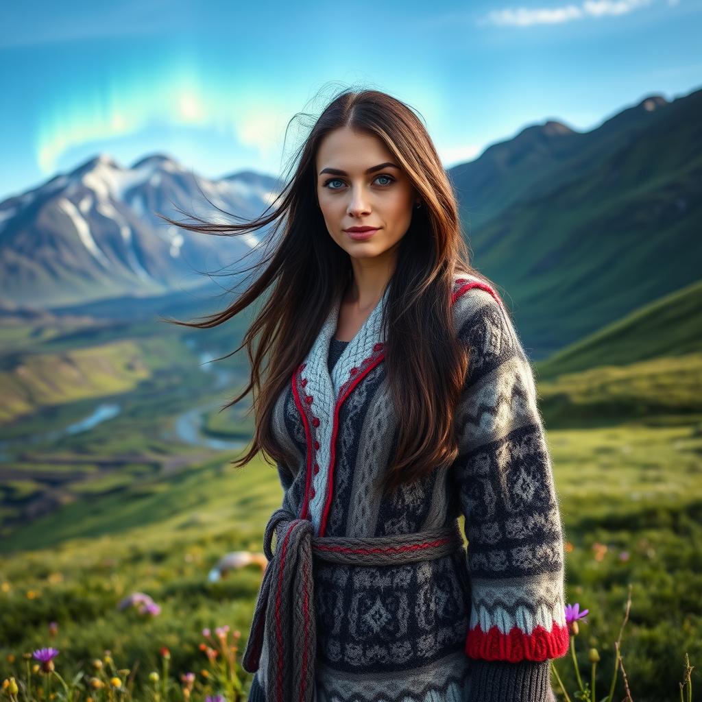 A 30-year-old Icelandic woman standing gracefully on a picturesque Icelandic landscape, wearing traditional Icelandic woolen attire