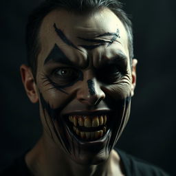A haunting and terrifying depiction of a 'kill face' featuring a person with grotesque grease paint applied in a chilling manner, emphasizing a scary and intimidating appearance
