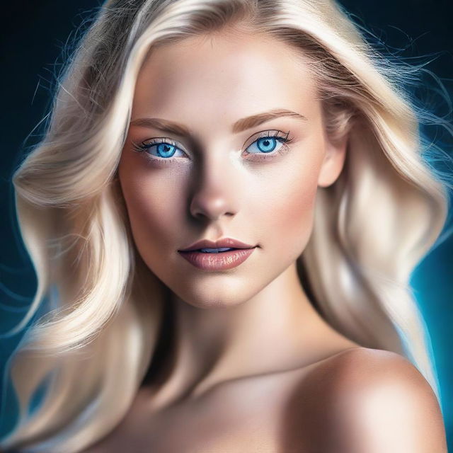 A high-resolution digital art image features a blonde Instagram model with striking blue eyes