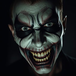 A haunting and terrifying depiction of a 'kill face' featuring a person with grotesque grease paint applied in a chilling manner, emphasizing a scary and intimidating appearance