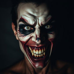 A haunting and terrifying depiction of a 'kill face' featuring a person with grotesque grease paint applied in a chilling manner, emphasizing a scary and intimidating appearance