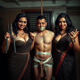 An intense interrogation room scene featuring two incredibly attractive and curvy women wearing seductive sarees that accentuate their voluptuous figures and cleavage