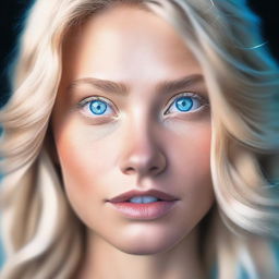 A high-resolution digital art image features a blonde Instagram model with striking blue eyes