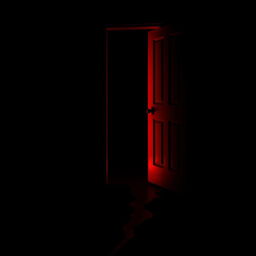 A black dark room featuring a slightly open door, with a vivid red light streaming out from the gap