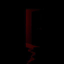 A black dark room featuring a slightly open door, with a vivid red light streaming out from the gap