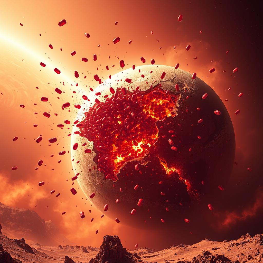 A surreal and dramatic scene of planet Mars exploding