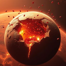 A surreal and dramatic scene of planet Mars exploding