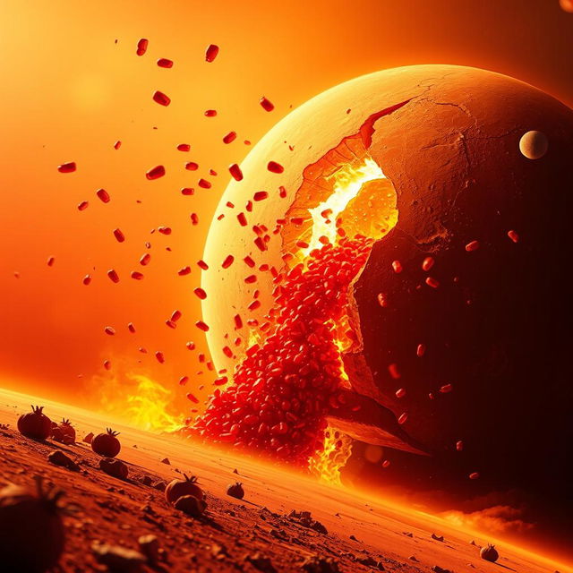 A surreal and dramatic scene of planet Mars exploding