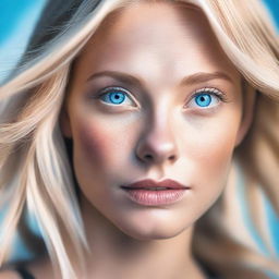 A high-resolution digital art image features a blonde Instagram model with striking blue eyes