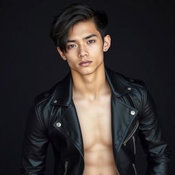 A handsome young man with light skin and medium-length very black hair