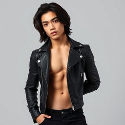 A handsome young man with light skin and medium-length very black hair