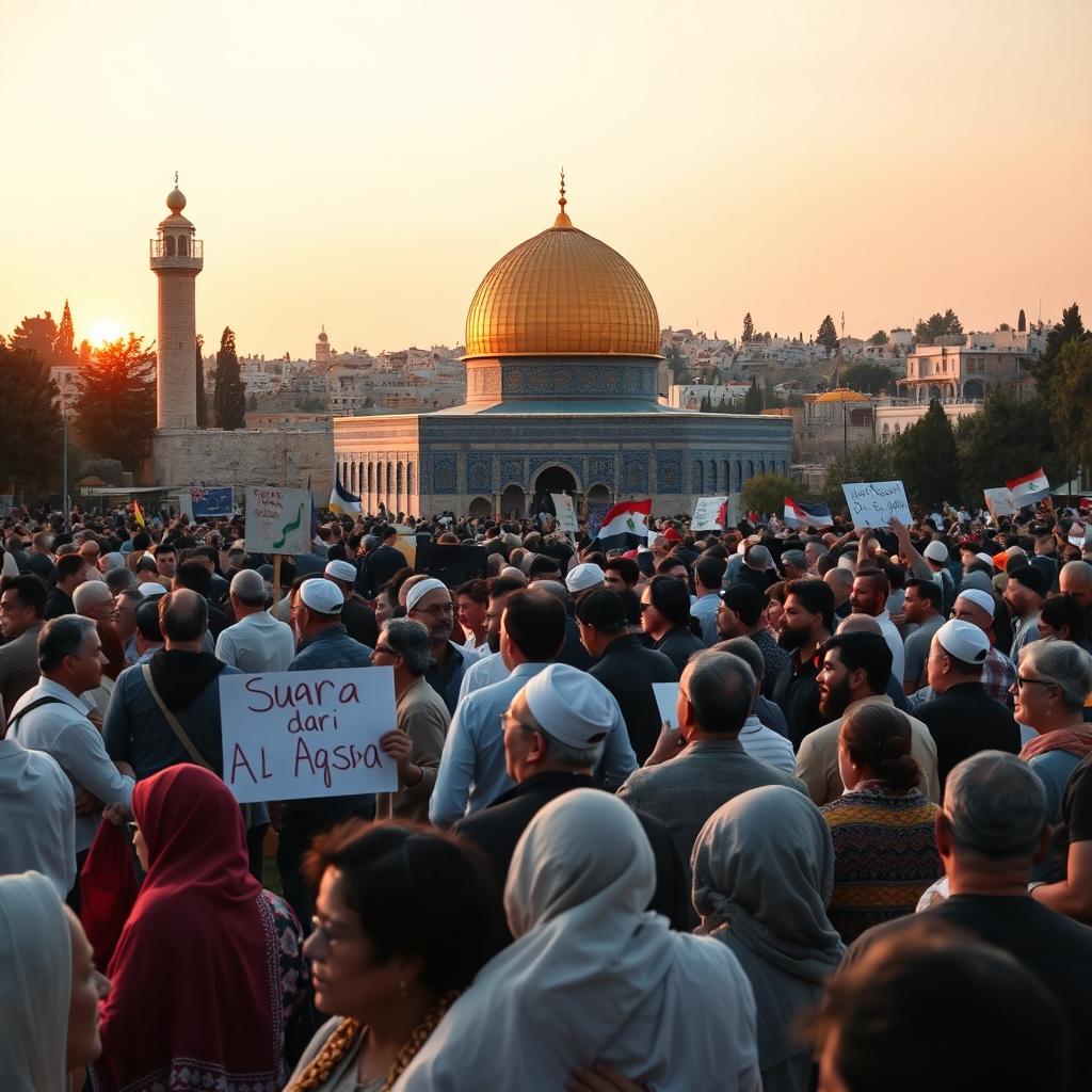 A vibrant scene depicting a large crowd of diverse people gathered around the beautiful Al Aqsa Mosque in Jerusalem, with the iconic golden Dome of the Rock visible