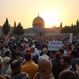 A vibrant scene depicting a large crowd of diverse people gathered around the beautiful Al Aqsa Mosque in Jerusalem, with the iconic golden Dome of the Rock visible