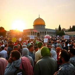 A vibrant scene depicting a large crowd of diverse people gathered around the beautiful Al Aqsa Mosque in Jerusalem, with the iconic golden Dome of the Rock visible