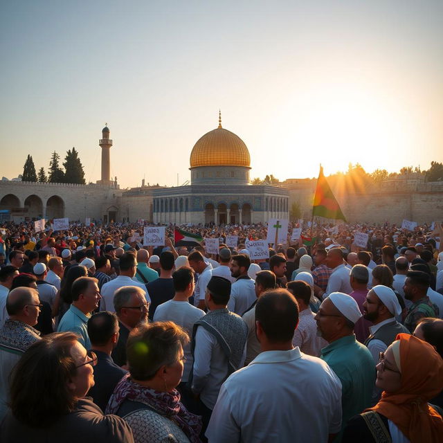 A vibrant scene depicting a large crowd of diverse people gathered around the beautiful Al Aqsa Mosque in Jerusalem, with the iconic golden Dome of the Rock visible