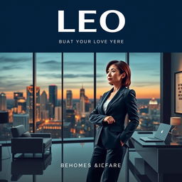 A modern and sleek novel cover featuring a confident CEO standing in a luxurious office
