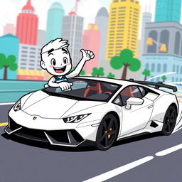 A white cartoon character driving a sleek Lamborghini in a fun and energetic pose