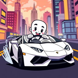 A white cartoon character driving a sleek Lamborghini in a fun and energetic pose