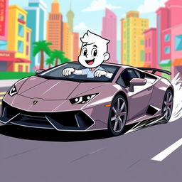 A white cartoon character driving a sleek Lamborghini in a fun and energetic pose