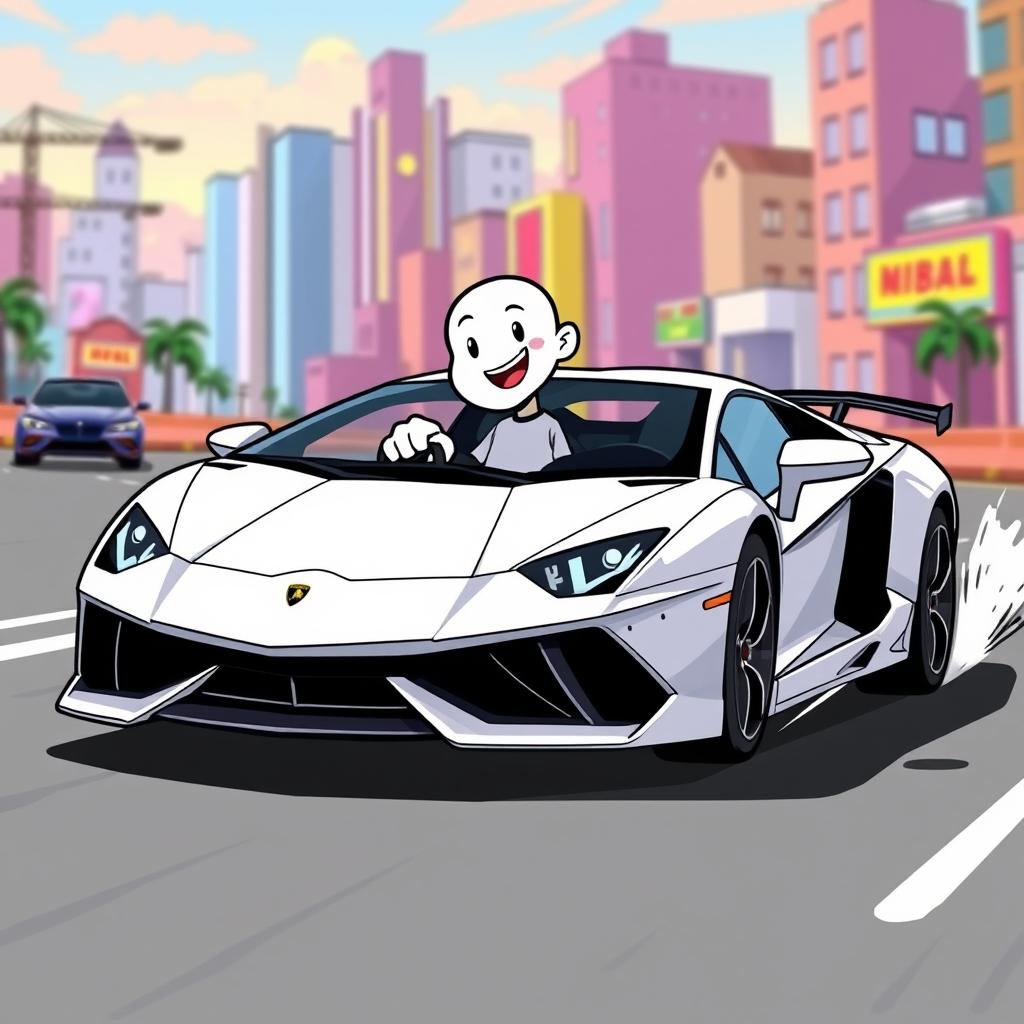 A white cartoon character driving a sleek Lamborghini in a fun and energetic pose