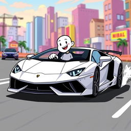 A white cartoon character driving a sleek Lamborghini in a fun and energetic pose