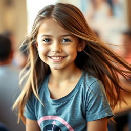 A beautiful girl with long, flowing hair wearing a stylish t-shirt, looking directly at the camera with a warm smile