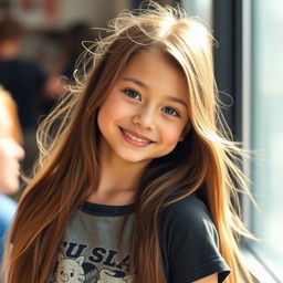 A beautiful girl with long, flowing hair wearing a stylish t-shirt, looking directly at the camera with a warm smile