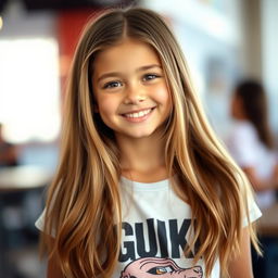 A beautiful girl with long, flowing hair wearing a stylish t-shirt, looking directly at the camera with a warm smile