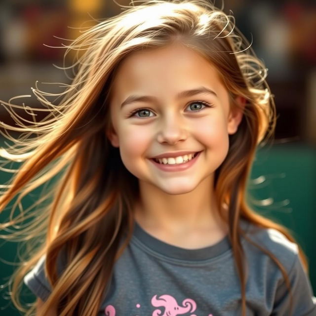 A beautiful girl with long, flowing hair wearing a stylish t-shirt, looking directly at the camera with a warm smile