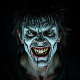 A terrifying and disturbing character with a 'kill face' featuring scraggly hair and an unkempt appearance