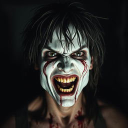A terrifying and disturbing character with a 'kill face' featuring scraggly hair and an unkempt appearance