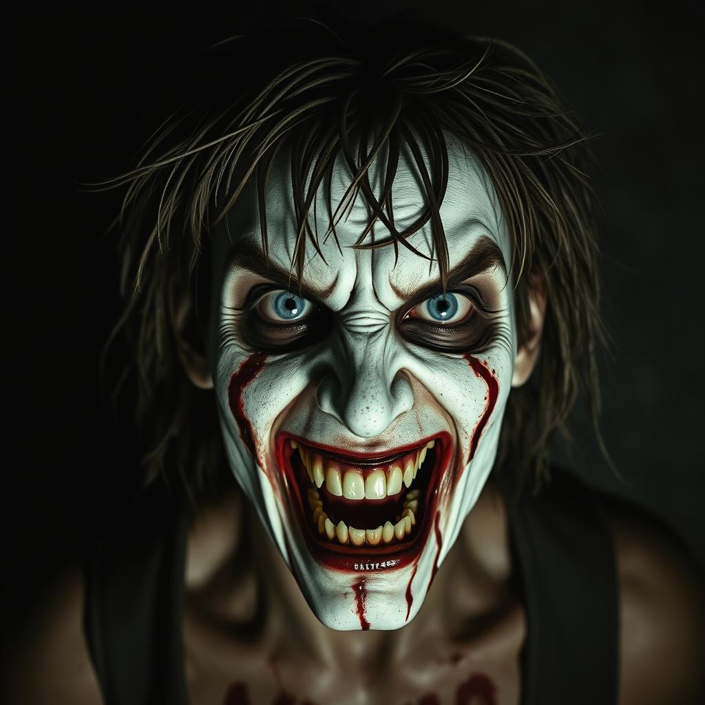 A terrifying and disturbing character with a 'kill face' featuring scraggly hair and an unkempt appearance