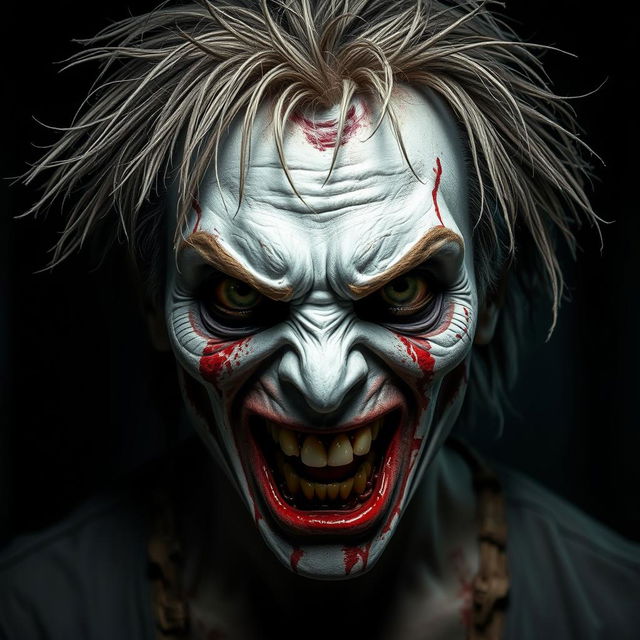 A terrifying and disturbing character with a 'kill face' featuring scraggly hair and an unkempt appearance