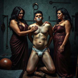 An intense interrogation room scene featuring two incredibly attractive and curvy women dressed in seductive sarees, accentuating their voluptuous figures and dominant presence