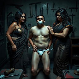 An intense interrogation room scene featuring two incredibly attractive and curvy women dressed in seductive sarees, accentuating their voluptuous figures and dominant presence