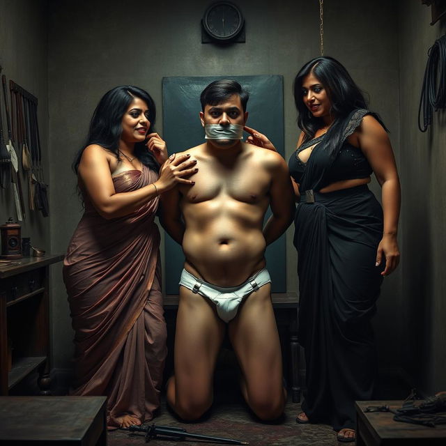 An intense interrogation room scene featuring two incredibly attractive and curvy women dressed in seductive sarees, accentuating their voluptuous figures and dominant presence