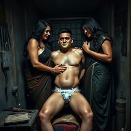 An intense interrogation room scene featuring two incredibly attractive and curvy women dressed in seductive sarees, accentuating their voluptuous figures and dominant presence