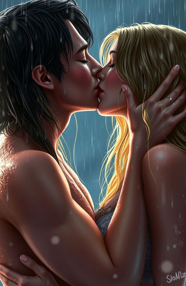 A romantic scene featuring a man and woman passionately kissing in the rain