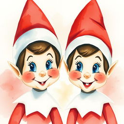 A contemporary watercolor painting focusing solely on the faces of two 'Elf on the Shelf' figures