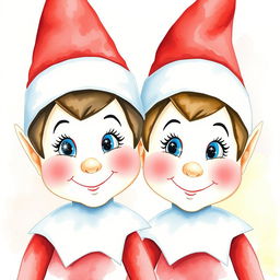 A contemporary watercolor painting focusing solely on the faces of two 'Elf on the Shelf' figures
