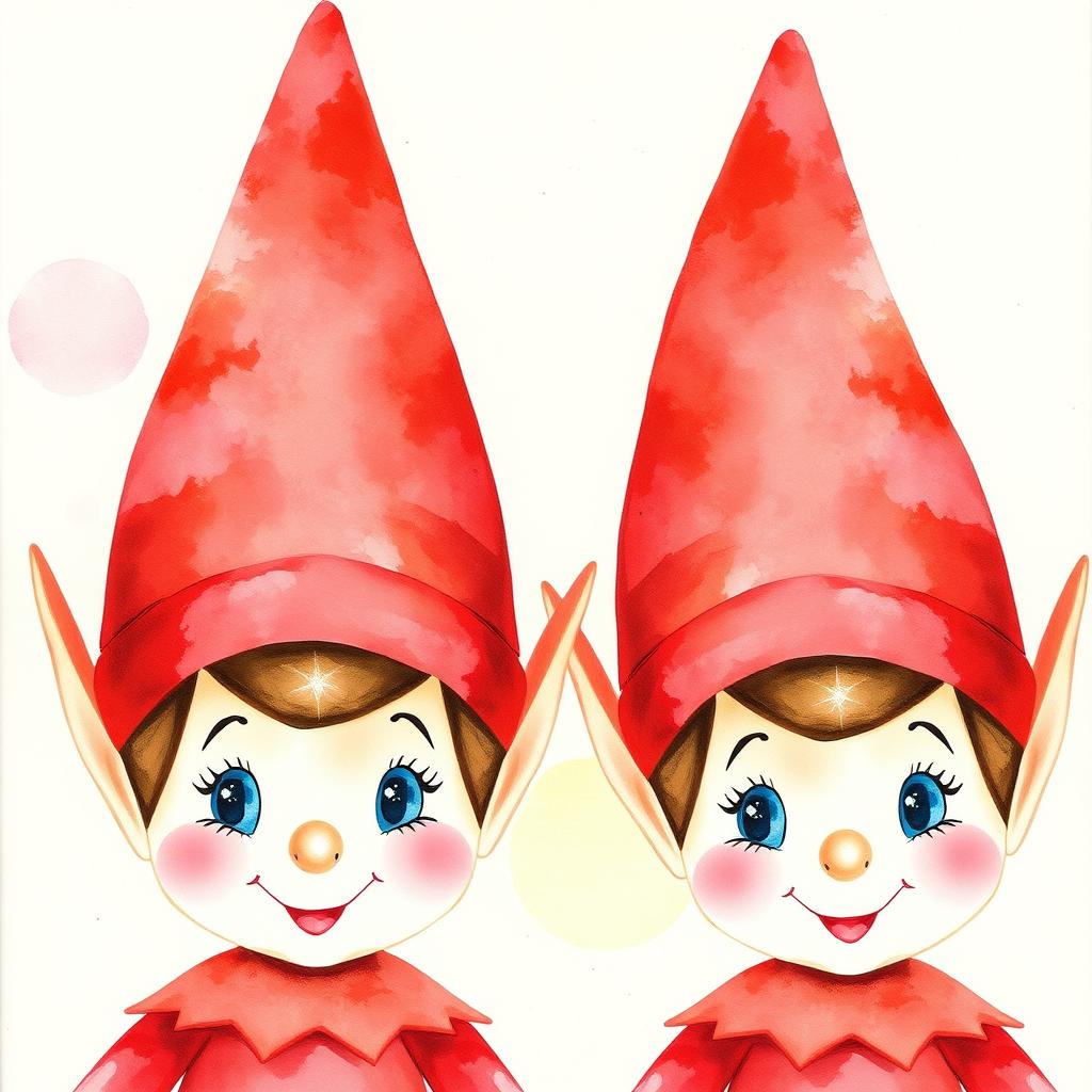 A contemporary watercolor painting focusing solely on the faces of two 'Elf on the Shelf' figures