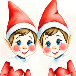 A contemporary watercolor painting focusing solely on the faces of two 'Elf on the Shelf' figures