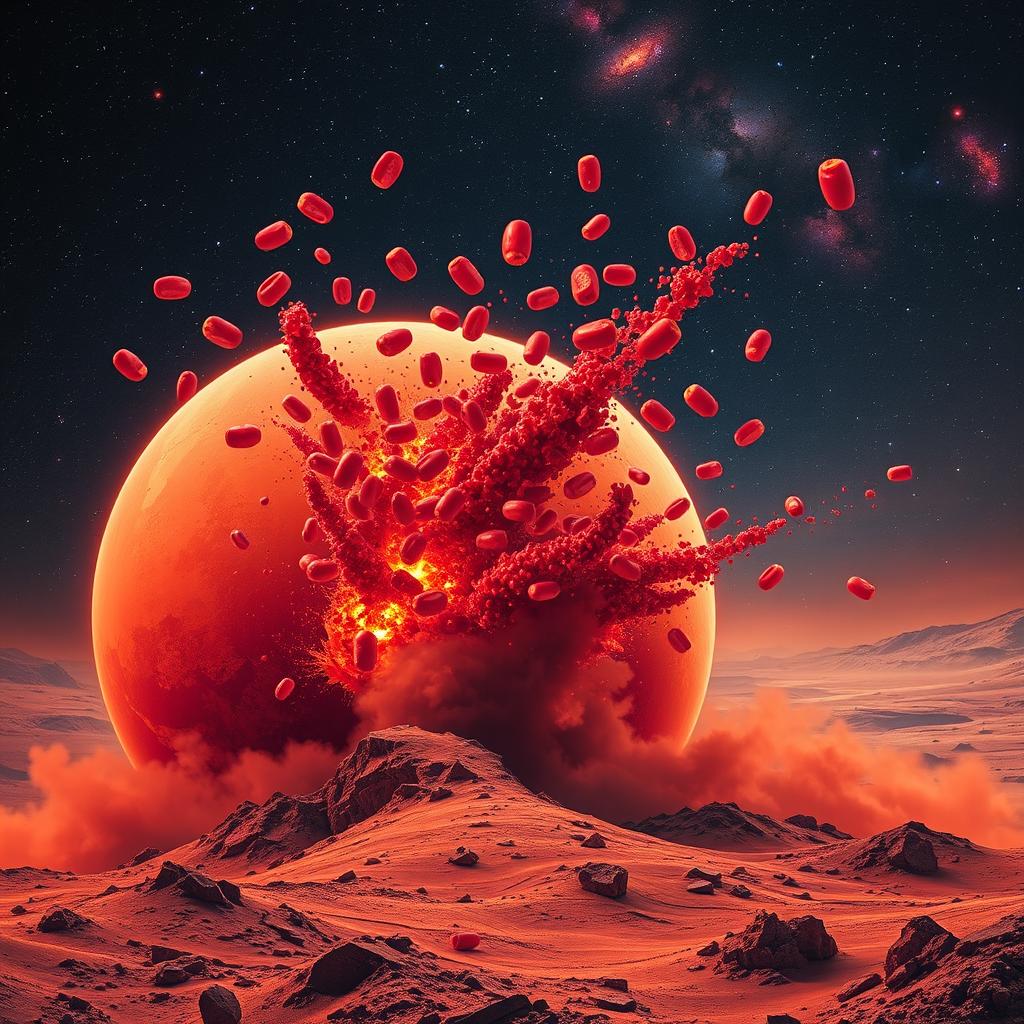 A dramatic depiction of Mars exploding, with vivid red and orange colors bursting forth from its surface