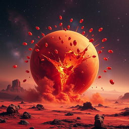 A dramatic depiction of Mars exploding, with vivid red and orange colors bursting forth from its surface