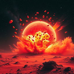 A dramatic depiction of Mars exploding, with vivid red and orange colors bursting forth from its surface
