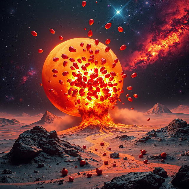 A dramatic depiction of Mars exploding, with vivid red and orange colors bursting forth from its surface